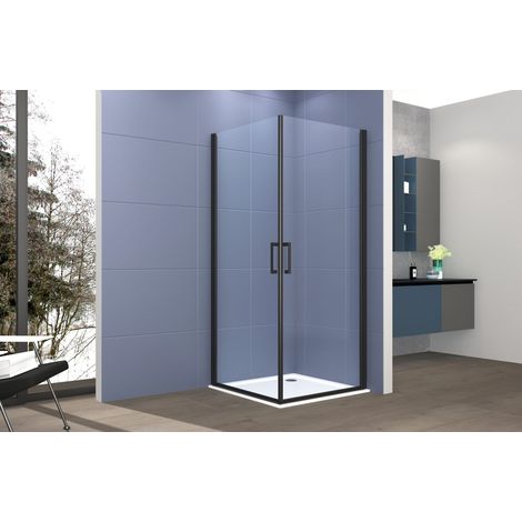 Box doccia angolare 80x100 cm apertura due ante battenti H200 cm cristalli trasparente 6mm profilo Nero Opaco IVO