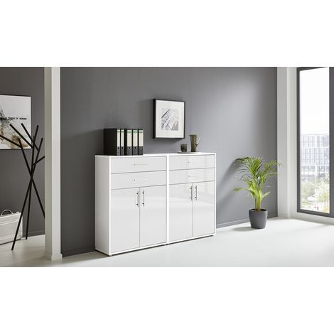 BMG Möbel Regalwand/Schrankwand, Office Edition Set 17, weiß / weiß hochglanz