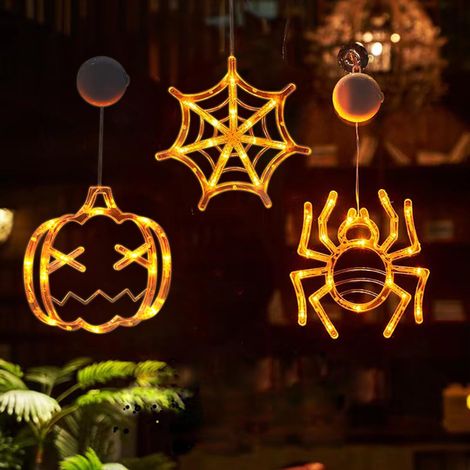 Dekorative Fensterleuchte, hängende warmweiße Kürbisse, dekorative Spinnennetzlampe für die Balkon-Halloweenparty (1/5)