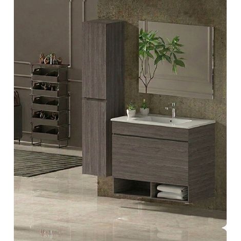 Badmöbel Set NEBARI Vormontiert 1 Schublade, Waschbecken und Spiegel Eiche smoky 60x35 cm mit Hochschrank