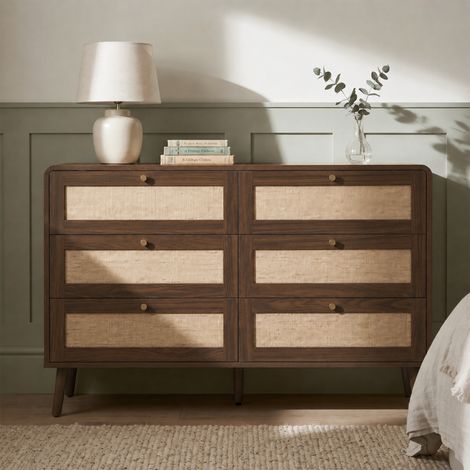 Commode de rangement - 6 tiroirs - façades effet rotin - mdf - rangement pour salon et salle à manger - rangement pratique - noyer (1/5)