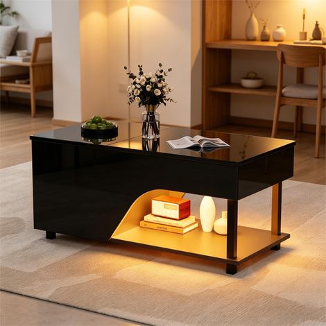 Table basse de salon réglable en hauteur 50 x 100 x 46 cm, table d’appoint avec rangement dissimulé, table basse ajourée, table basse LED brillante, table à thé avec rangement latéral, noire (1/5)