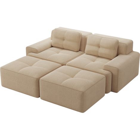 Canapé modulaire en velours côtelé beige sans structure rigide, 2 places avec ottomane pour salon (1/5)