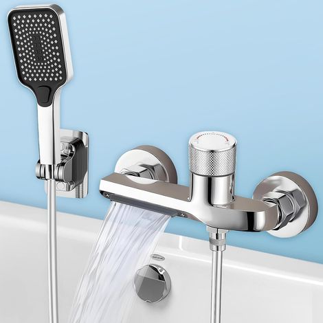 Mitigeur Baignoire Thermostatique Mural, Robinet salle bain douchette, Robinet Cascade, Douchette 3 Modes, Flexible 1,5m, Robinet de Baignoire avec Douchette à Main, Norme G1/2 (1/5)