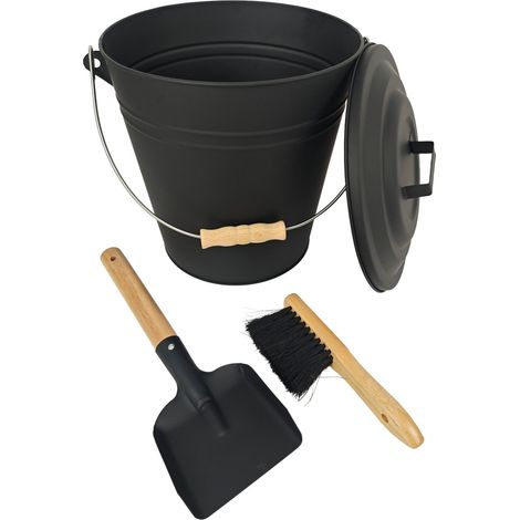 Ascheneimer mit Besen und Schaufel - Eisen, Schwarz