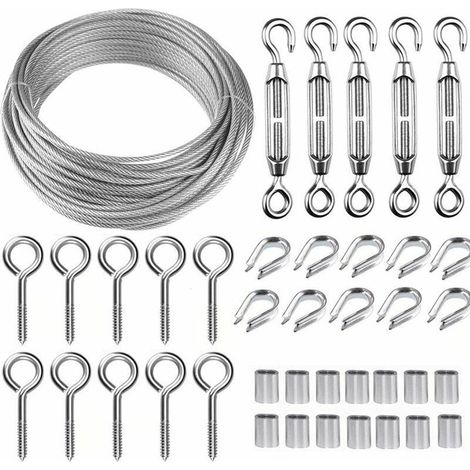 Kit de câble métallique en acier inoxydable de 50 m/2 mm avec tendeur de fil robuste M5, kit de rouleau de fil de clôture, kit de garde-corps de câble, tendeurs de fil de jardin pour plantes grimpant (1/5)
