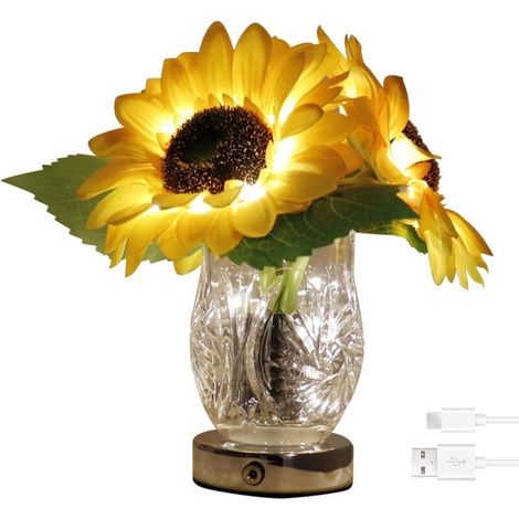 Lumières nocturnes, lampes de table, lampe de tournesol Petite lampe de chevet de tournesol artificiel avec vase en verre USB Chargeur de nuit Dimmable pour la maison Cadeau de décoration de bureau (1/5)