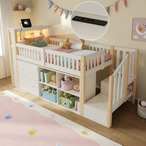 Cama alta juvenil 90x200 cm con cajones, estantes, escalera con almacenaje, LED, madera de pino y MDF natural (1/5)