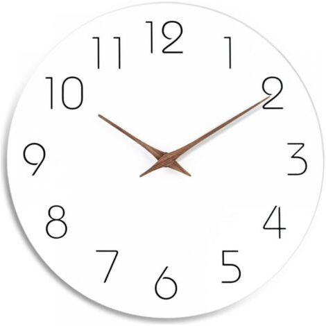 Horloge murale silencieuse en bois de 25,4 cm sans tic-tac, fonctionne à piles, blanc, moderne, bureau, horloge simple et minimaliste décorative pour cuisine, maison, salle de bain, salon