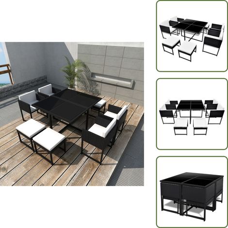 9-tlg. Garten-Essgruppe mit Auflagen Poly Rattan Schwarz - Gartensessel - Esstisch - Gartenmöbelset - Rattan Möbel - Outdoor Möbel (1/5)