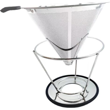 Filtre à Café Permanent en Inox sans Papier avec Tube Brosse de Nettoyage,Goutteur de Café Cône Réutilisable avec Double Maille en Inox et Anse en Silicone pour 1-4 Tasses (1/5)