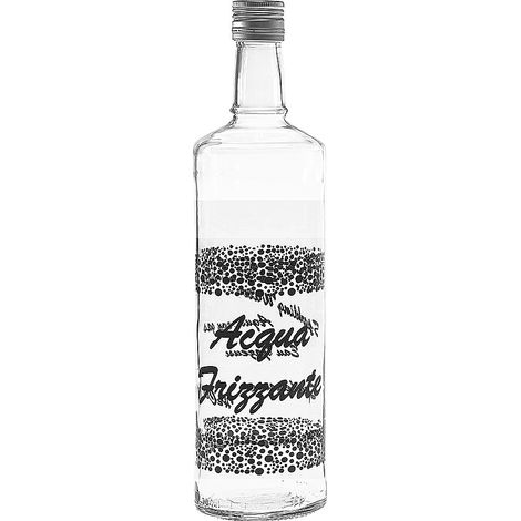 Bottiglia in vetro con tappo a vite igienico da 1 lt  acqua frizzante elegante  scritta nera in tavola a casa o ristorante hotel bar sale ricevimento