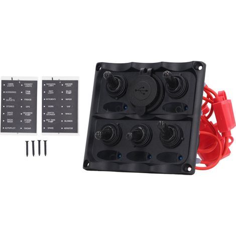 Wippschalterfeld, 2 USB-Anschlüsse, 5-fach Steckdosen, Marineausführung mit wasserdichter Sicherung für Yachten, Außenbordmotoren, 12 V bis 24 V Gleichstrom (1/5)