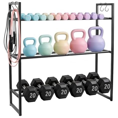 Support d'haltères à trois niveaux avec 4 crochets latéraux, support de poids réglable pour haltères, kettlebells, balle médicale (capacité de charge de 163 kg) (1/5)
