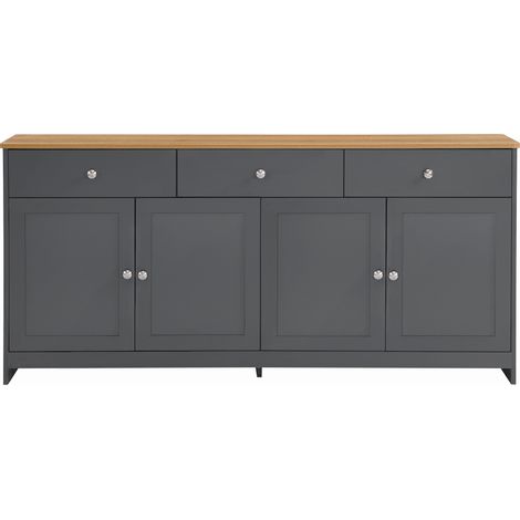 Buffet gris et noir 160 cm avec plateau couleur bois, 4 portes et 3 tiroirs, meuble de rangement style rustique pour salle à manger. (1/5)