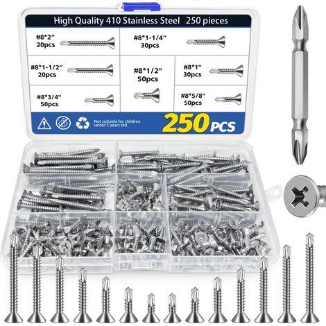 Coffret de 250 Vis Autoperceuses Inox 410, Vis Autoforeuses à Tête Fraisée Cruciforme Phillips, Assortiment de Vis à Tôle Auto-taraudeuses pour Métal, Acier, Aluminium, Profilés et Bricolage, Kit de V (1/5)