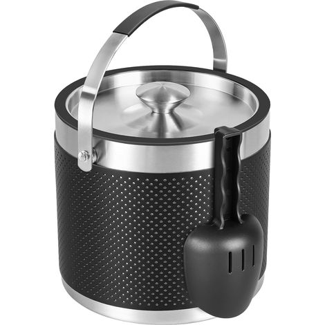 Seau a glacon en acier inoxydable de 3,2 litres avec couvercle et pelle, Design en cuir seau a glacon isotherme double paroi pour les bars à cocktails et les fêtes (Noir) (1/5)