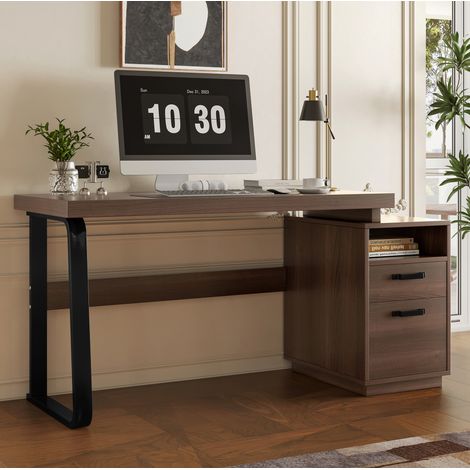 Bureau avec tiroir silencieux, tiroir classeur, plateau MDF, tube en acier, marron, 135x54x76.4 cm (1/5)