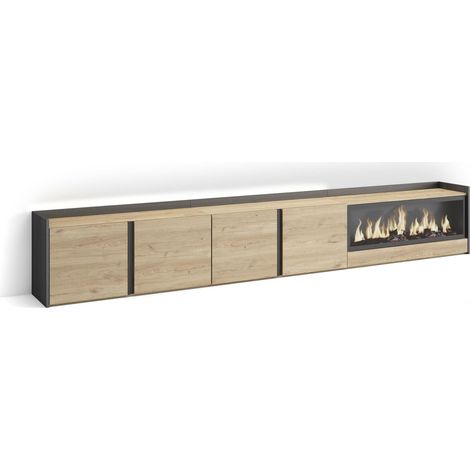 Skraut Home - Mueble TV, Televisión, Muebles de salón, almacenaje, 315x35x50cm, Para TV hasta 80", Chimenea eléctrica XXL, LED, Estilo Moderno, Roble y negro (1/5)
