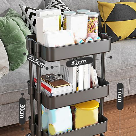 Chariot utilitaire roulant en métal à 3 niveaux, étagère de rangement multifonctionnelle pour loisirs créatifs, bureau, salle de bain, cuisine, chambre d'enfant, buanderie, noir avec poulie (1/5)