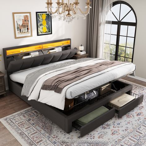 Cama individual de 140x190 cm – Cama con almacenamiento – Iluminación LED – Somier de láminas – Estructura de acero resistente – Ropa de cama (1/5)
