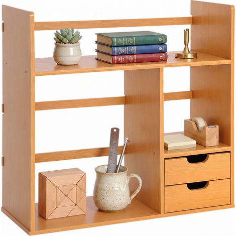 Plateau organisateur de bureau en bambou réversible avec 2 tiroirs, range-documents et fournitures multifonctionnel avec étagères (1/5)
