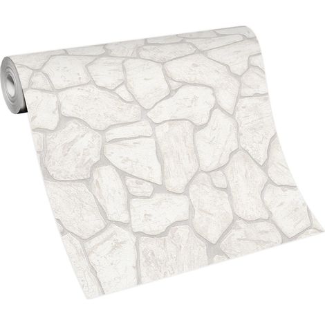 Papier peint moderne blanc imitation fausse pierre  Tapisserie tendance beige crème unie  Papier peint imitation brique pour couloir (1/5)