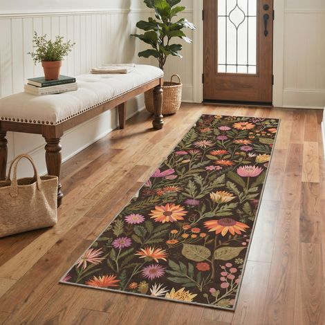 Tapis Salon Vintage Entree 80x150cm Lavable en Machine AntidéRapant Poil Ras, pour Chambre Salle a Manger Descente de Lit Bureau, Cuisine,Noir Foncé Floral Multicolore (1/5)