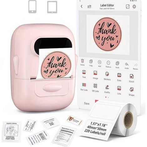 Imprimante thermique portable P50. Idéale pour la maison, l'étiquetage et le commerce de détail. Compatible Android/iOS. (Rose) (1/5)
