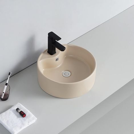 Rue Du Bain – Vasque à poser ronde 40 cm – Céramique beige mat – Trop plein et robinetterie pré-percée – Installation murale facile (1/4)