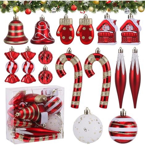 14 boules plastique rouge/blanc/or Ø6 cm, motifs cloches/gants/bonbons, incassables (1/4)