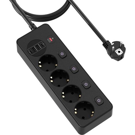 Multiprise 4 Prises avec 2 USB A et 2 USB C, multiprise avec Interrupteur Individuel, pour la Cuisine, la Maison et Le Bureau, Noir