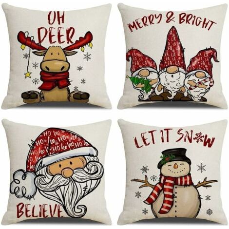 Housse de Coussin Noel 45x45cm, Lot de 4 Noël Décoratif Canapé en Coton et Lin Noël pour Canapé Lit Chambre Chaise Jardin-Rétro Noël (1/5)