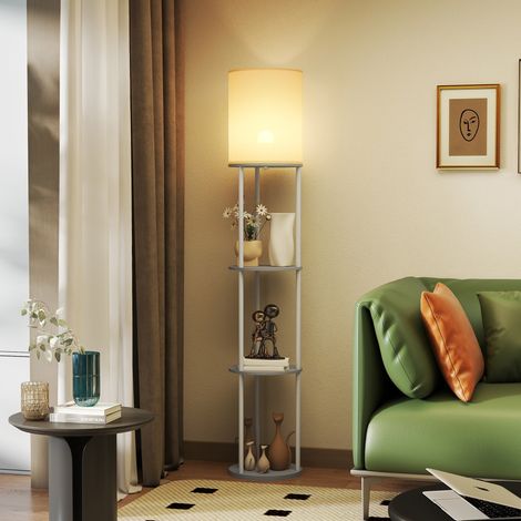 Stehlampe mit Ablagen, 3 Farbtemperaturen, Fernbedienung für Wohnzimmer, Schlafzimmer, Büro, Grau