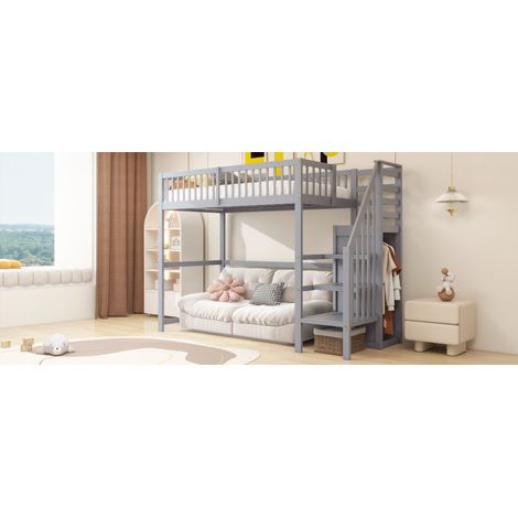Lit superposé 90x200 avec échelle, lit enfant en bois gris avec étagères de rangement et petite penderie (1/5)