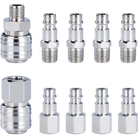 10 PCS Raccords de compresseur 1/4"BSP Raccord Rapide Pneumatique Européen Coupleur pneumatique d'air kit compresseur accessoire d'air tuyau air comprimé du connecteur Homme Femme (1/5)