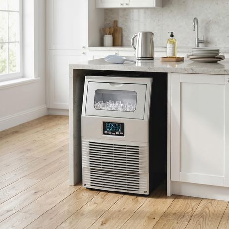 Machine à glaçons professionnelle, éclairage LED, affichage clair, avec pelle, argentée (1/4)