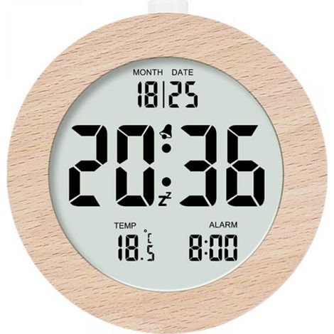 rond Réveil numérique en bois, réveil matinal, horloge numérique LCD avec affichage de la date, de la température, de la répétition, du rétroéclairage, horloge numérique alimentée par batterie (1/5)