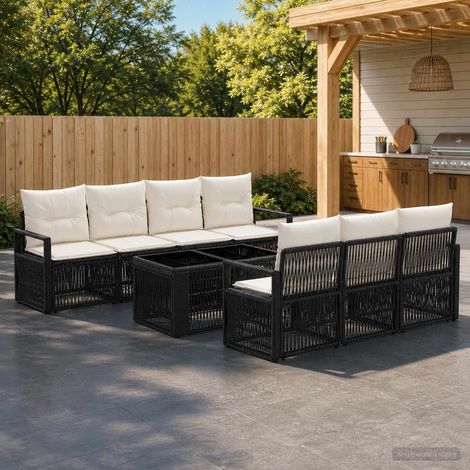 vidaXL Conjunto de sofás de jardín 8 uds. Negro y Blanco Crema (1/5)