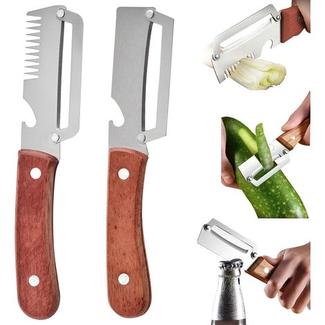 2Pièces Éplucheur Légumes, Éplucheur Multifonction En Acier Inoxydable avec Manche en Bois, 3-en-1 Couteau Eplucheurs avec Ouvre-Bouteilles Émincer l'Oignon Vert pour Pommes de Terre Carottes (1/5)
