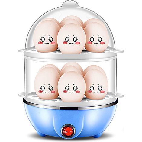 Cuiseur à œufs électrique 350 W à 2 niveaux, capacité 14 œufs, arrêt automatique, pour œufs durs, appareil compact, bleu (1/5)