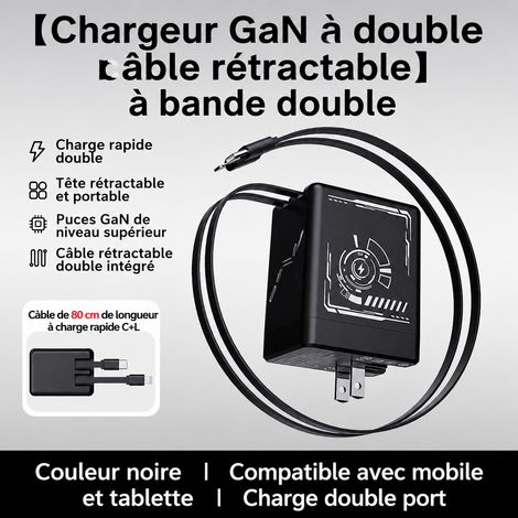 Chargeur secteur GaN 120W prise US noir double câble rétractable en boîte réf 6695 166 g – Livraison gratuite