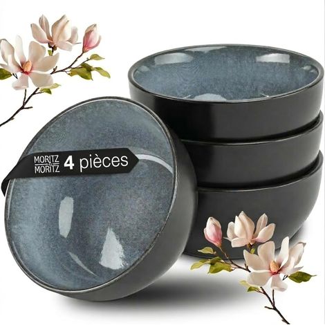 4 Bols à Soupe Miso - Service Japonais 12cm - Bleu-Gris - Céramique et Bois - Pour Sauces et Snacks - Idéal Repas Quotidien (1/5)