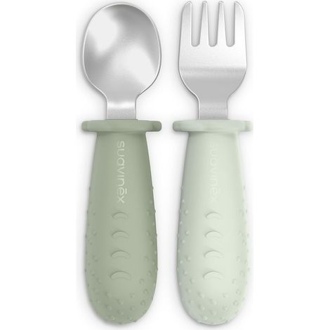 Couverts Bébé - Pack Cuillère et Fourchette - Acier Inox et Silicone - Ergonomiques DME - Vert (1/4)