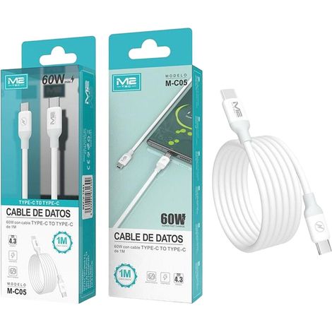 Câble USB-C vers USB-C M2 TEC, charge rapide 60 W, 1 m, transfert de données - Blanc