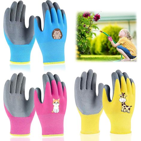 Children's Gardening Gloves, Safety Work Glove for Children 3 Pairs Latex Coating Non-Slip Breathable Wear-Resistant for Girls Boys Camping Gardening (1/5)