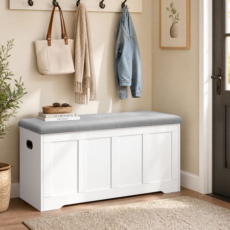 Coffre de Rangement, 2 Charnières de Sécurité, Style Rustique pour Entrée, Chambre, 41 x 101 x 49 cm, Blanc et Gris (1/5)