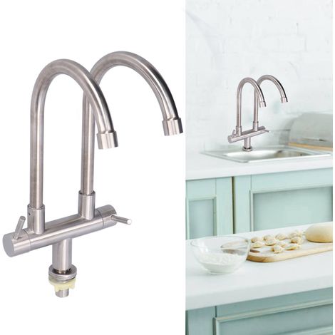 Grifo doble para lavabo fabricado en acero inoxidable 304, giratorio, G1/2, con dos salidas, cocina (1/5)