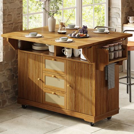 Îlot de cuisine mobile 142.5x80x95cm brun rotin PE-plateau rabattable Table de bar-rangements hauteur 95 cm mobile idéal petit espace