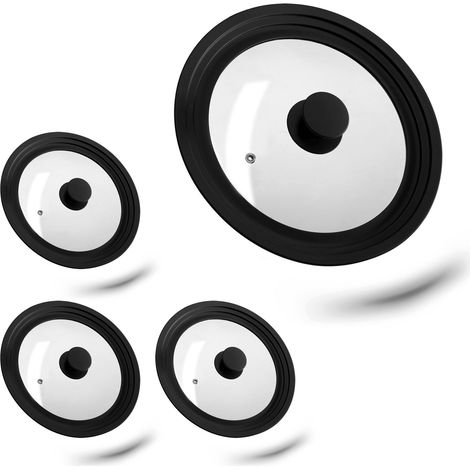 Set of 4 Relaxdays Saucepan Lids Universal, Glass Cover, Stepped Silicone Rim, Pots & Pans 22-26 cm, 5x27,5 cm, Black